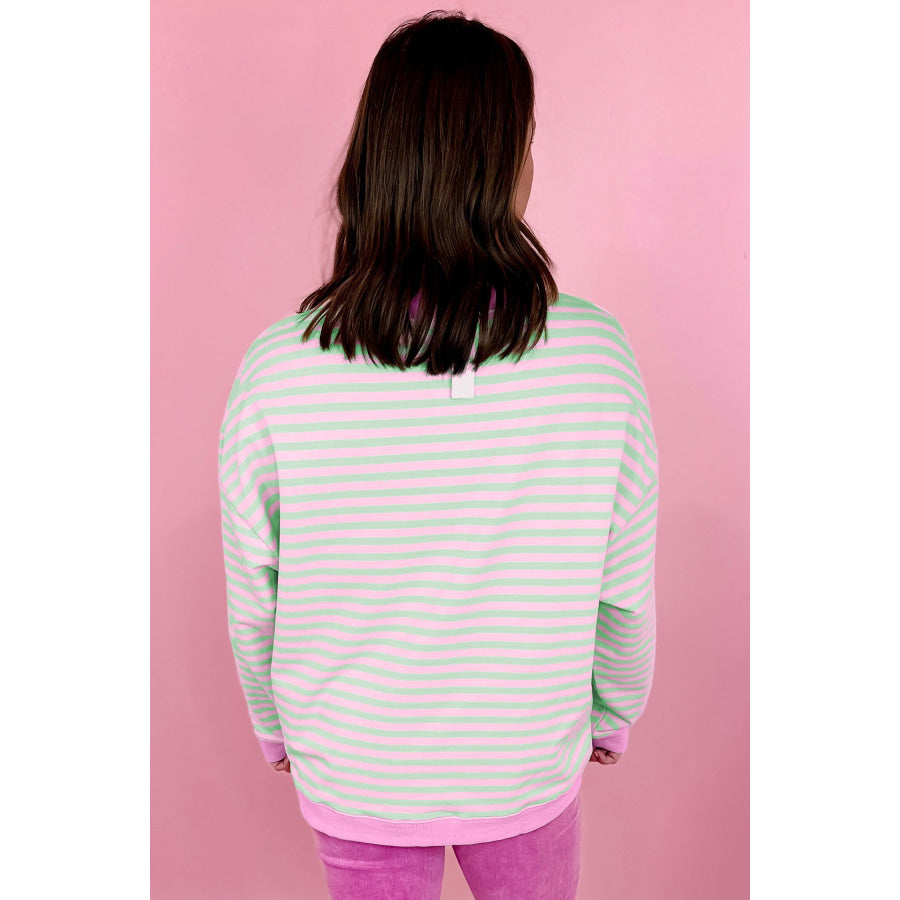 Green Stripe Striped Stand Neck Long Sleeve Sweatshirt Tops/Sweatshirts & Hoodies