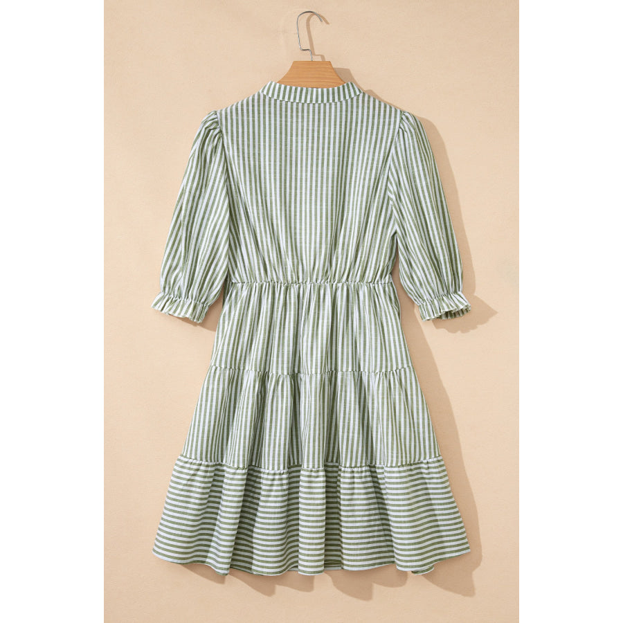 Green Stripe Tasseled Tie Neck Ruffled Short Sleeve Tiered Flattering Dress Dresses/Mini Dresses