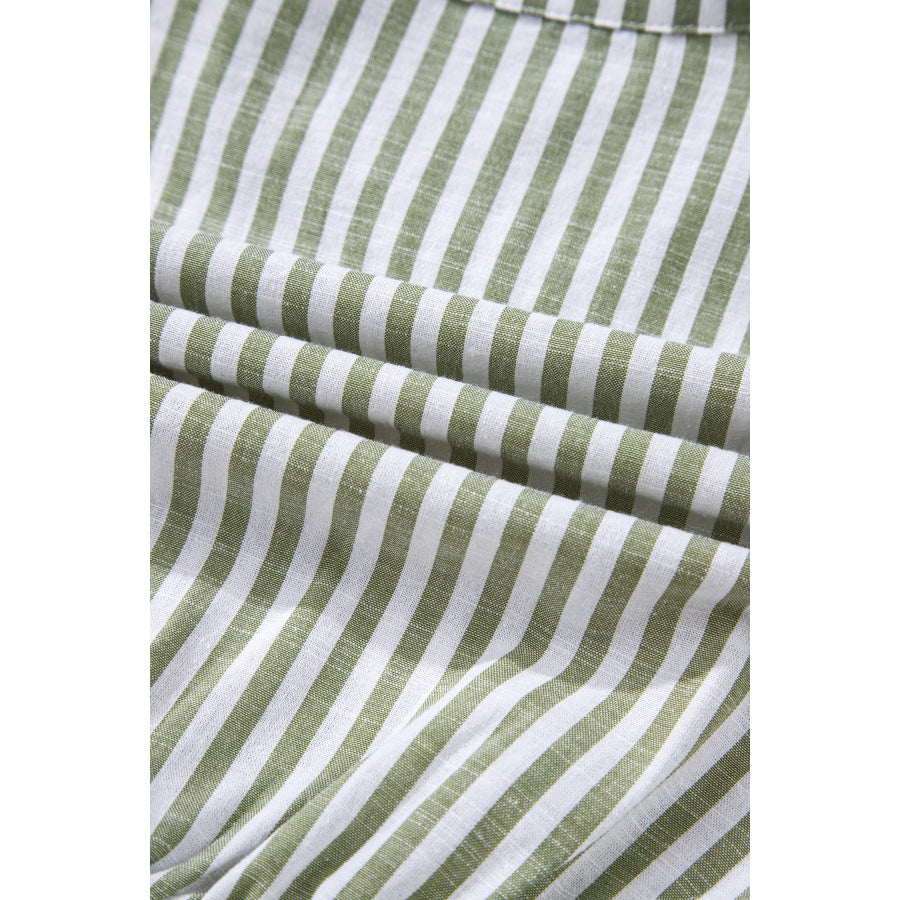 Green Stripe Tasseled Tie Neck Ruffled Short Sleeve Tiered Flattering Dress Dresses/Mini Dresses