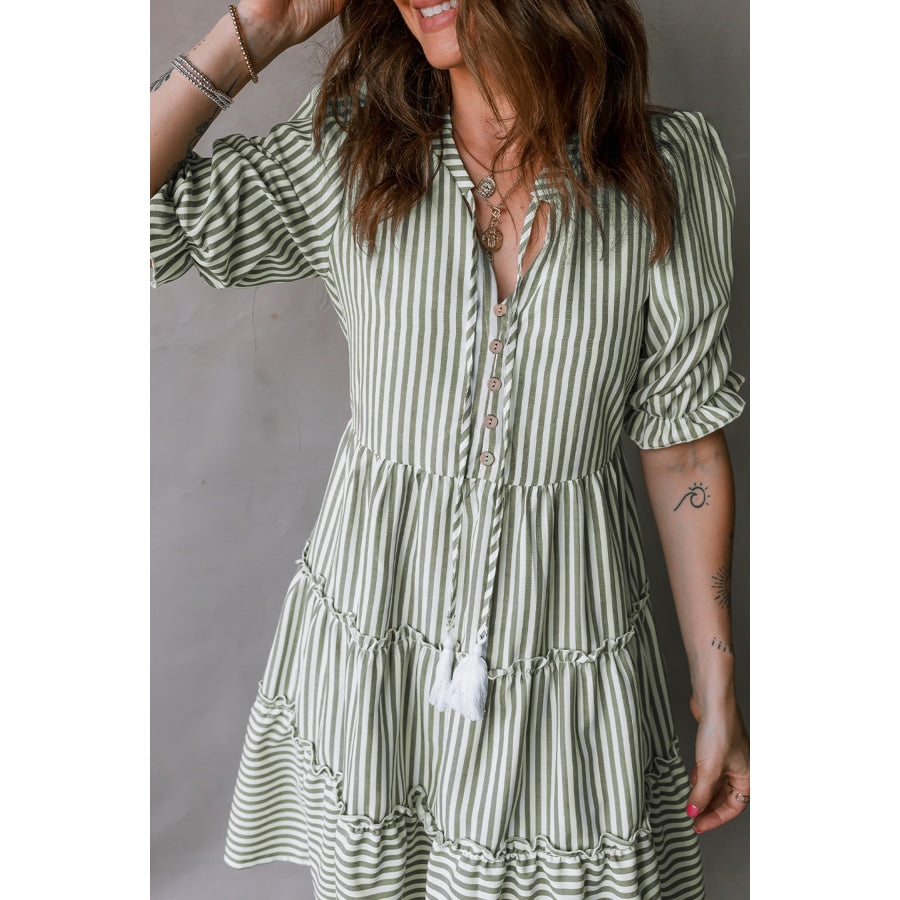 Green Stripe Tasseled Tie Neck Ruffled Short Sleeve Tiered Flattering Dress Dresses/Mini Dresses