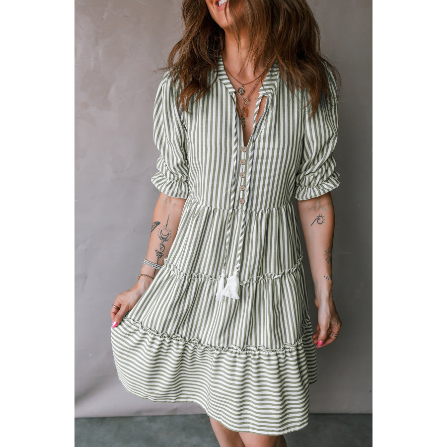 Green Stripe Tasseled Tie Neck Ruffled Short Sleeve Tiered Flattering Dress Dresses/Mini Dresses