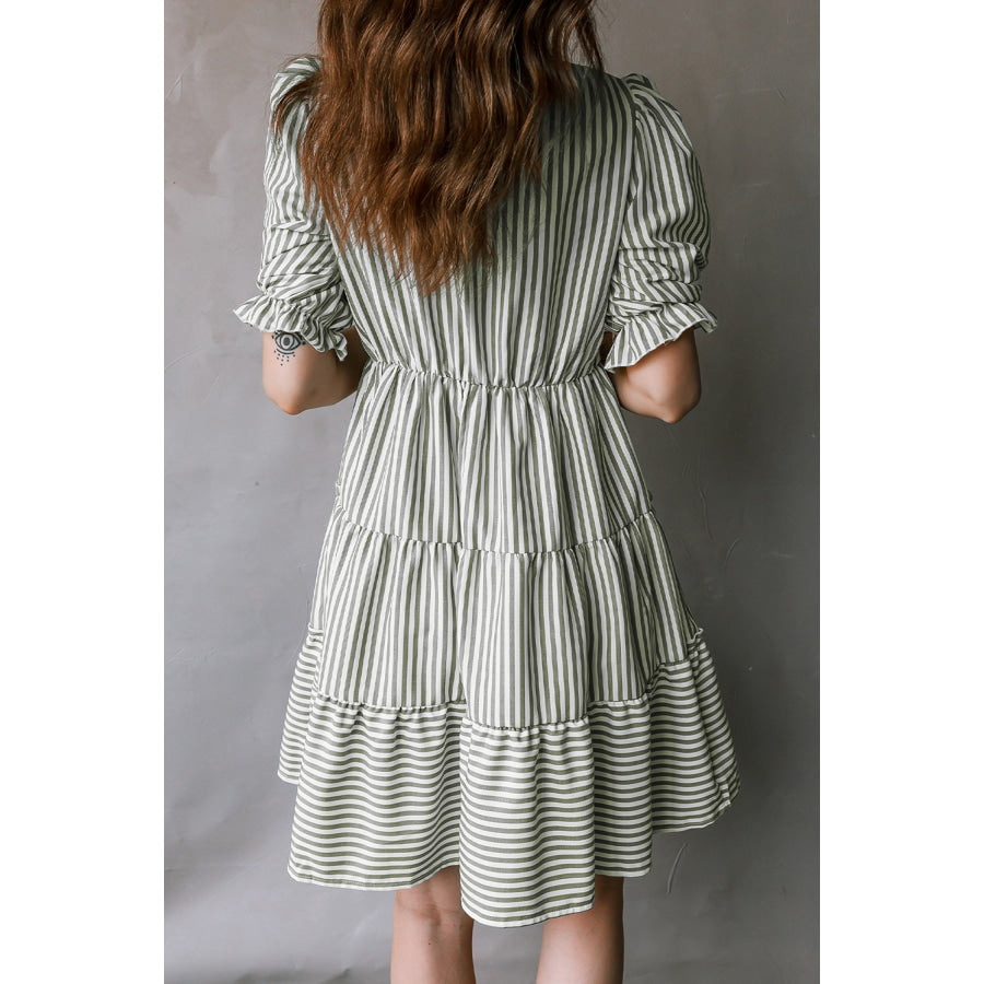 Green Stripe Tasseled Tie Neck Ruffled Short Sleeve Tiered Flattering Dress Dresses/Mini Dresses