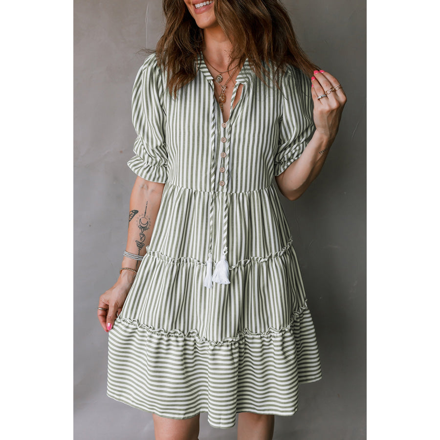 Green Stripe Tasseled Tie Neck Ruffled Short Sleeve Tiered Flattering Dress Dresses/Mini Dresses