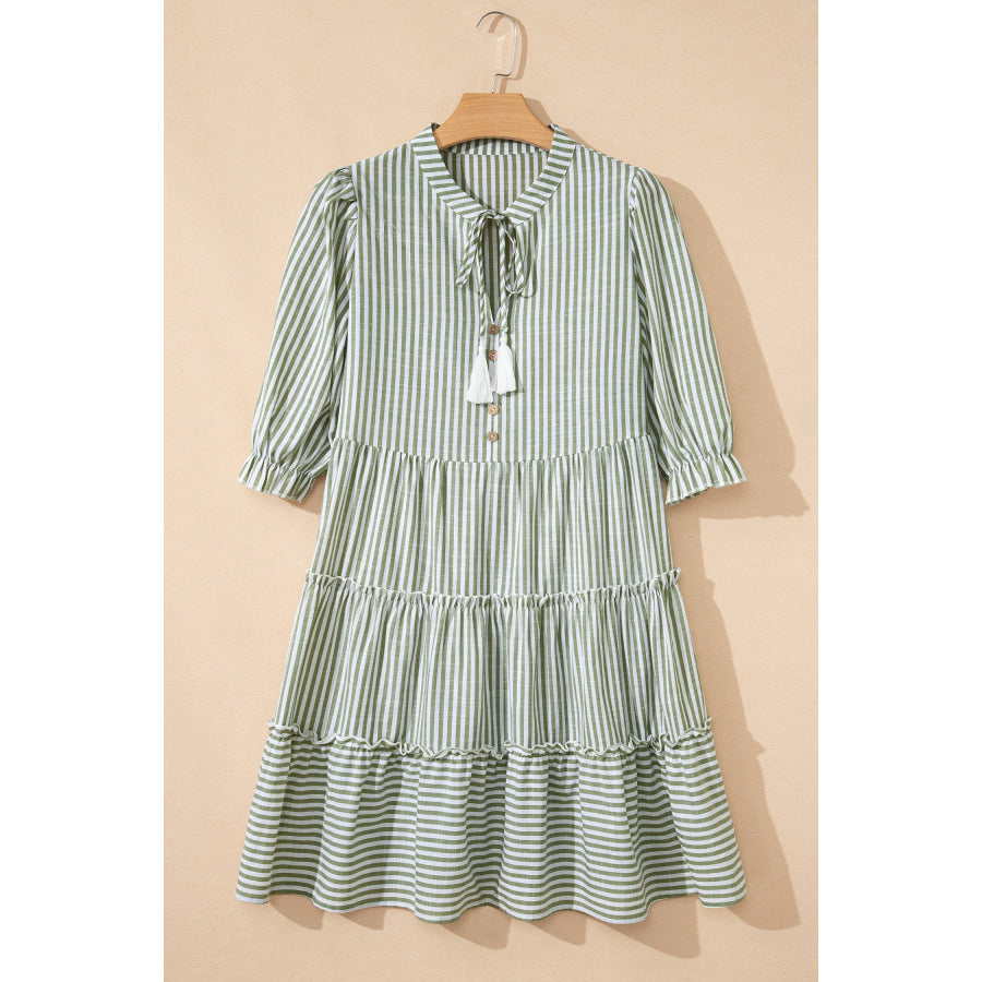 Green Stripe Tasseled Tie Neck Ruffled Short Sleeve Tiered Flattering Dress Dresses/Mini Dresses