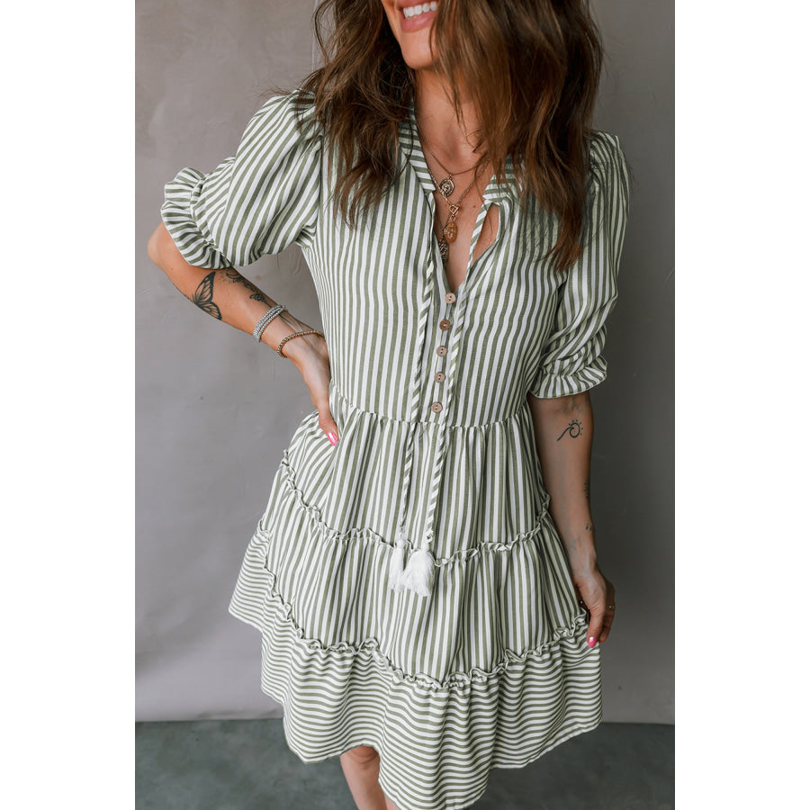 Green Stripe Tasseled Tie Neck Ruffled Short Sleeve Tiered Flattering Dress Green Stripe / S / 75% Cotton + 25% Polyester Dresses/Mini