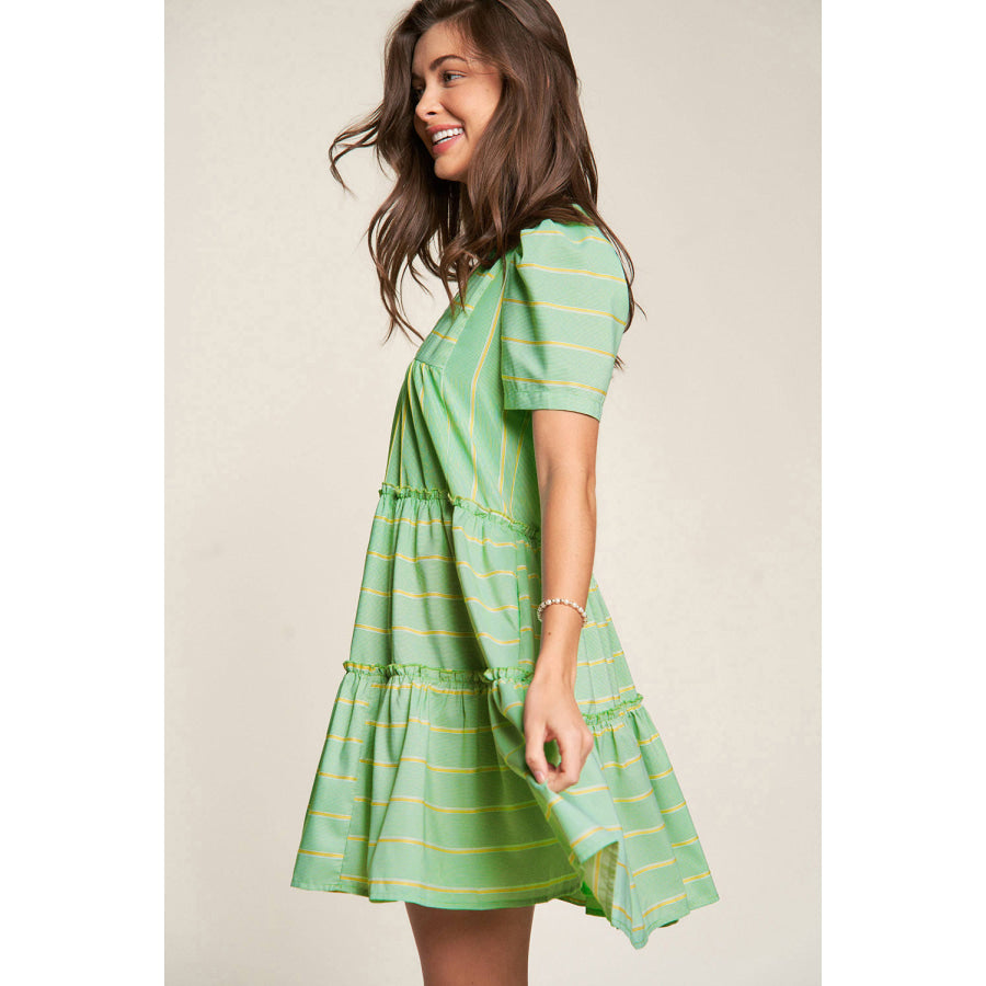 Green Stripe V Neck Short Sleeve Frilled Detail A-line Dress Dresses/Mini Dresses