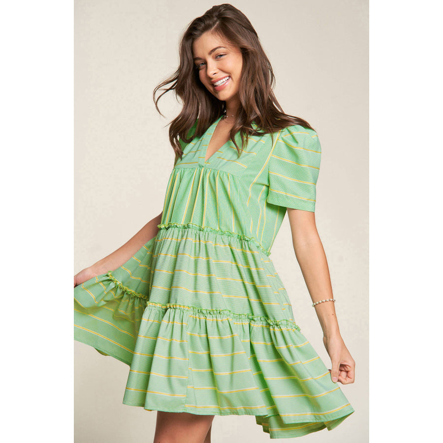 Green Stripe V Neck Short Sleeve Frilled Detail A-line Dress Dresses/Mini Dresses