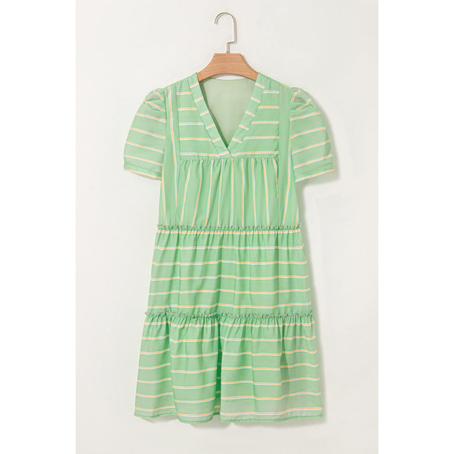 Green Stripe V Neck Short Sleeve Frilled Detail A-line Dress Dresses/Mini Dresses