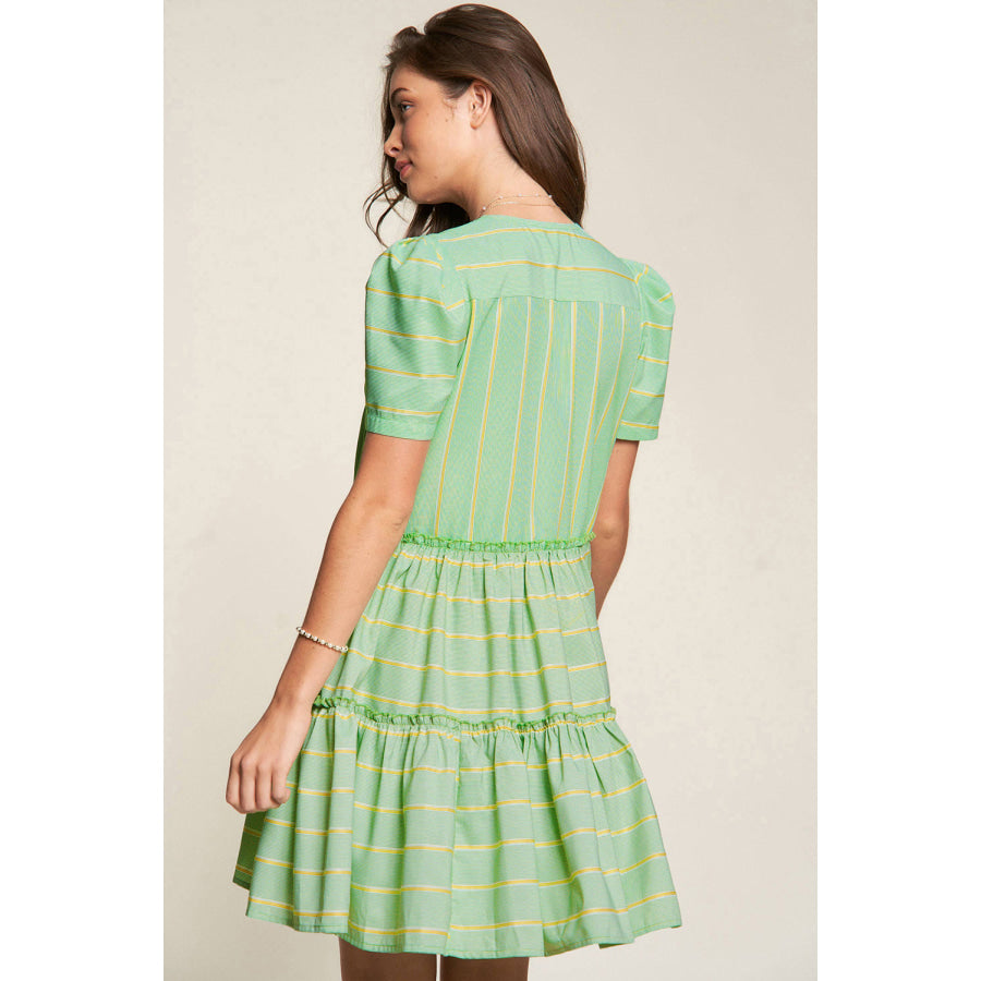 Green Stripe V Neck Short Sleeve Frilled Detail A-line Dress Dresses/Mini Dresses