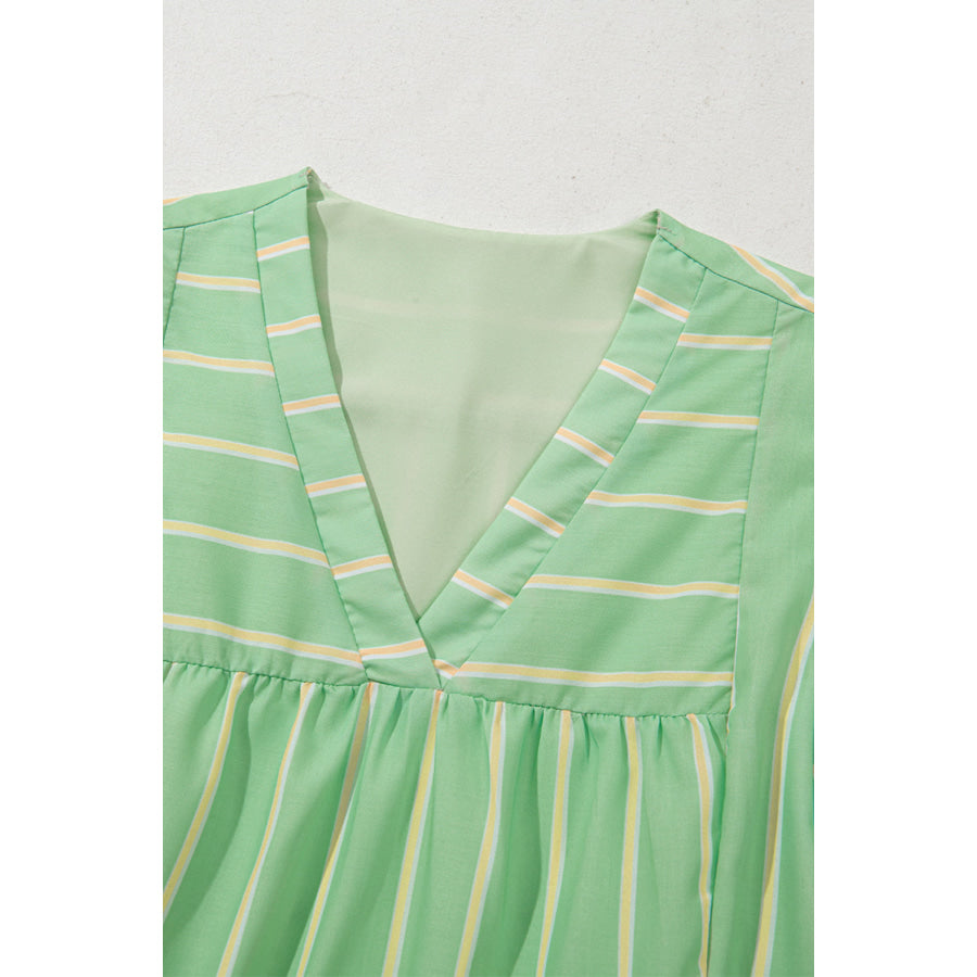 Green Stripe V Neck Short Sleeve Frilled Detail A-line Dress Dresses/Mini Dresses