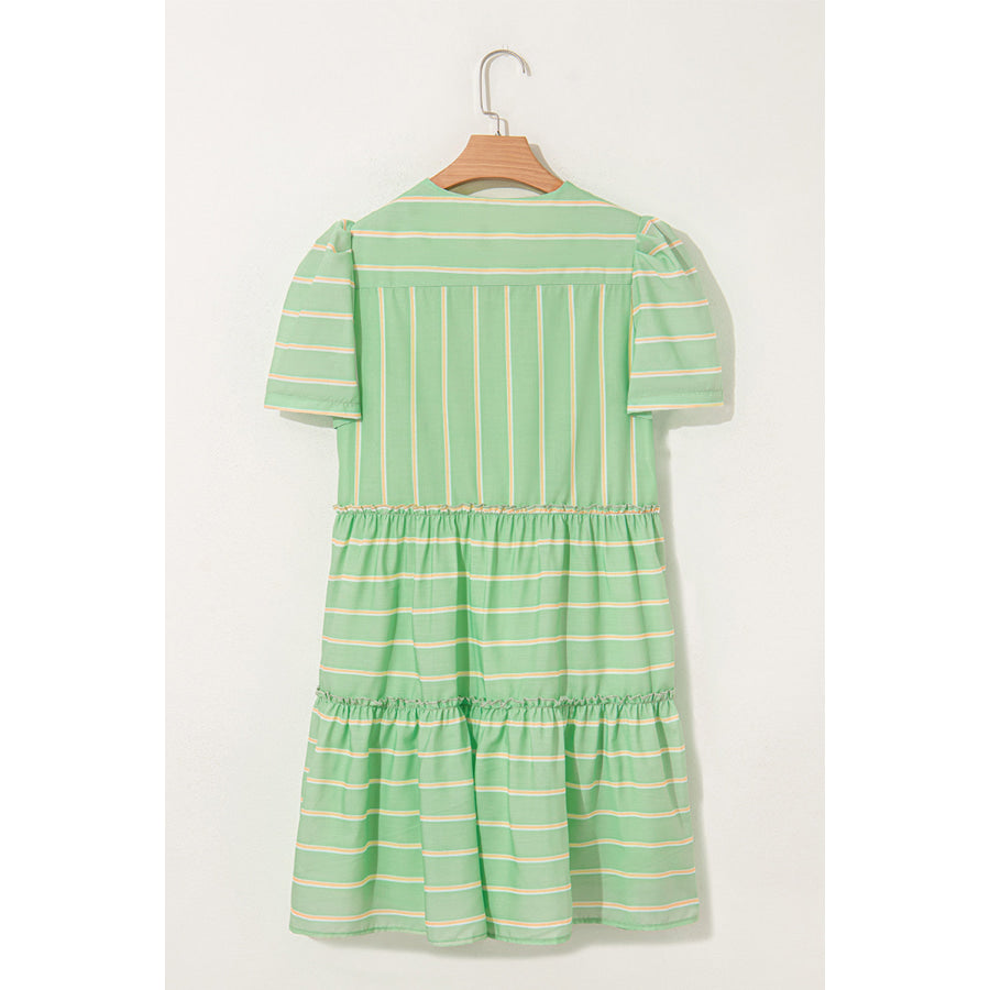 Green Stripe V Neck Short Sleeve Frilled Detail A-line Dress Dresses/Mini Dresses