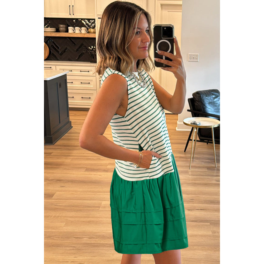 Green Stripe Woven Ruffled Sleeveless Mini Dress Dresses/Mini Dresses