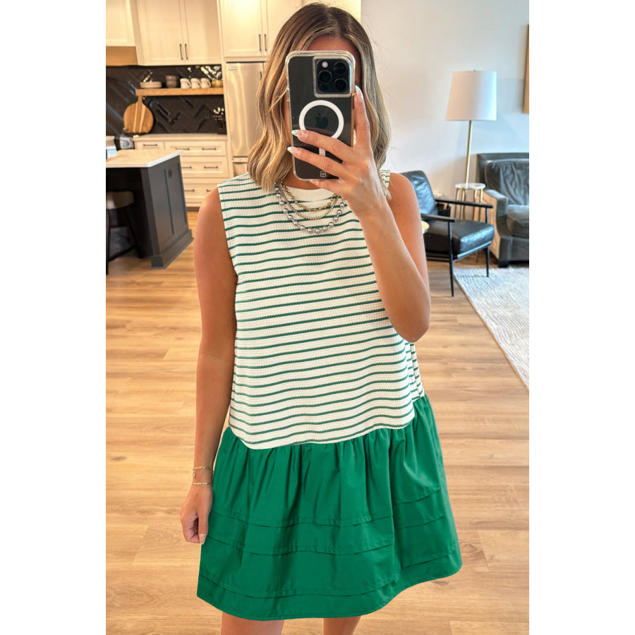 Green Stripe Woven Ruffled Sleeveless Mini Dress Dresses/Mini Dresses