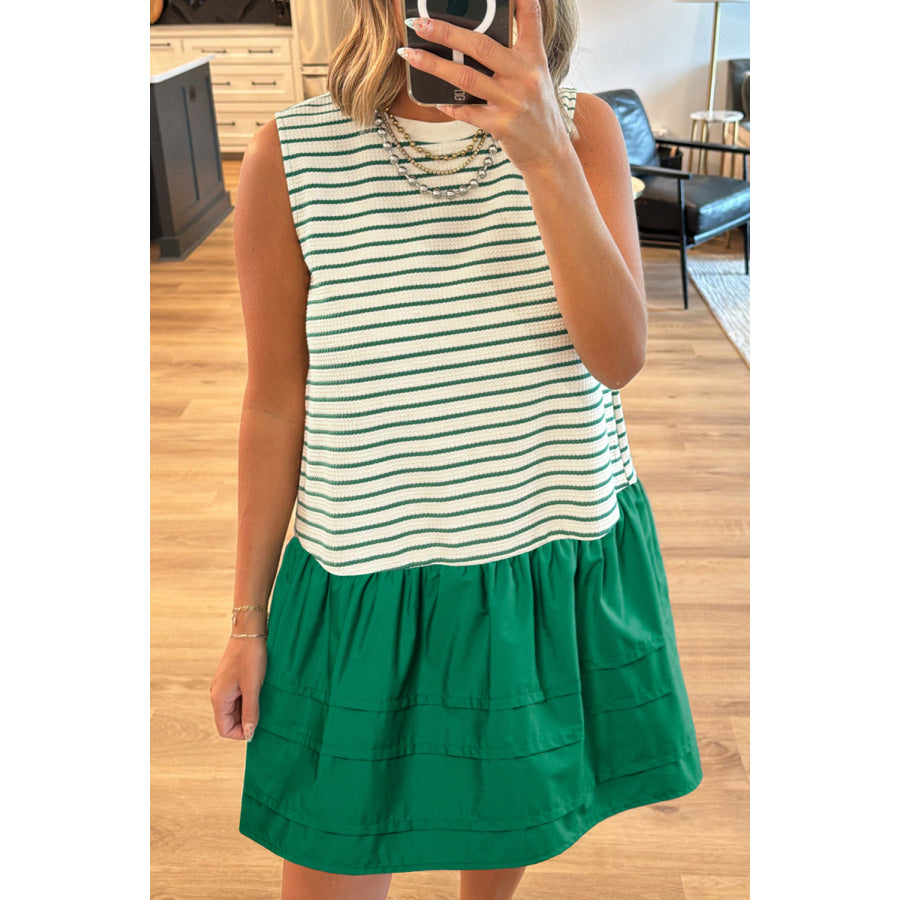 Green Stripe Woven Ruffled Sleeveless Mini Dress Green Stripe / S / 76% Polyester + 14% Viscose + 5% Cotton + 5% Elastane Dresses/Mini