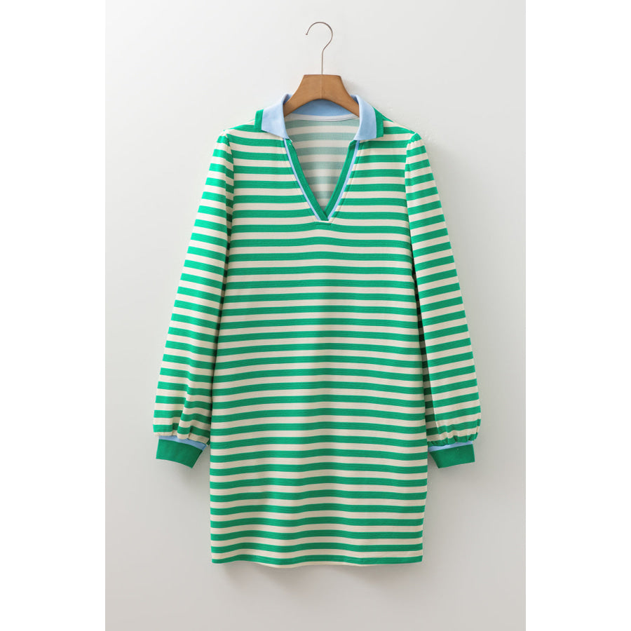 Green Striped Contrast Collar Split Neck Long Sleeve Mini Dress Dresses/Mini Dresses