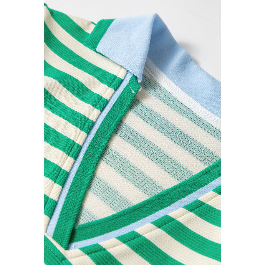 Green Striped Contrast Collar Split Neck Long Sleeve Mini Dress Dresses/Mini Dresses