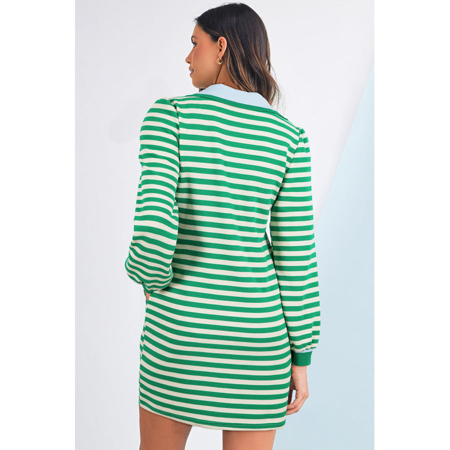 Green Striped Contrast Collar Split Neck Long Sleeve Mini Dress Dresses/Mini Dresses