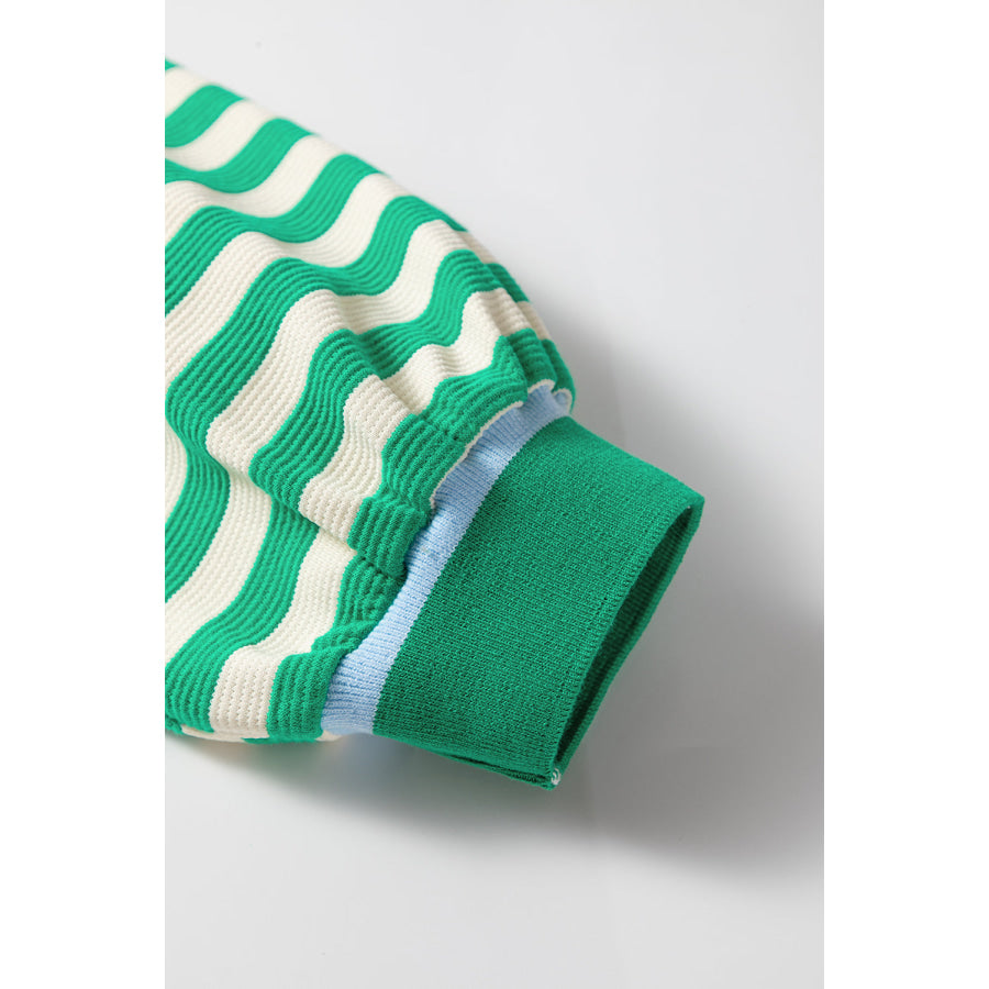 Green Striped Contrast Collar Split Neck Long Sleeve Mini Dress Dresses/Mini Dresses
