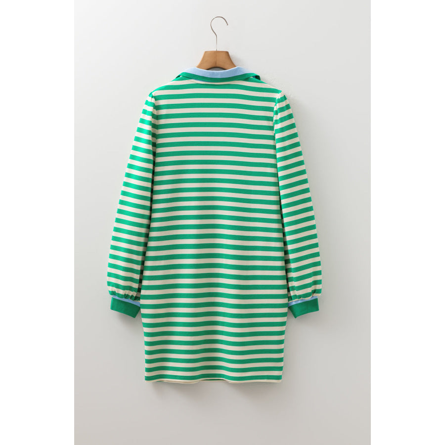 Green Striped Contrast Collar Split Neck Long Sleeve Mini Dress Dresses/Mini Dresses