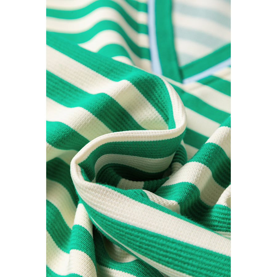 Green Striped Contrast Collar Split Neck Long Sleeve Mini Dress Dresses/Mini Dresses