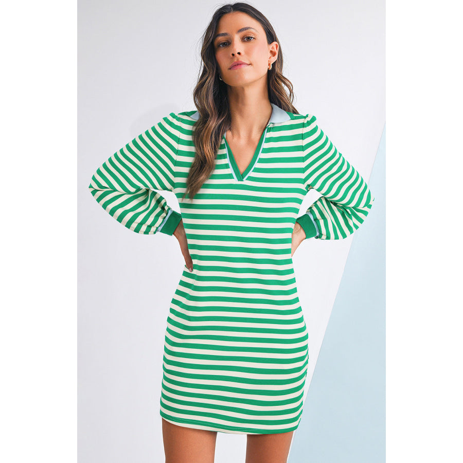 Green Striped Contrast Collar Split Neck Long Sleeve Mini Dress Dresses/Mini Dresses