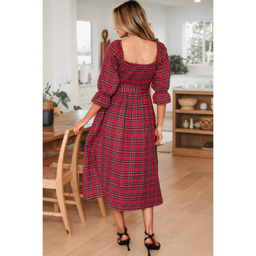 Green Tartan Plaid Square Neck Puff Sleeve Knot Waist Flared Midi Dress Dresses/Midi Dresses