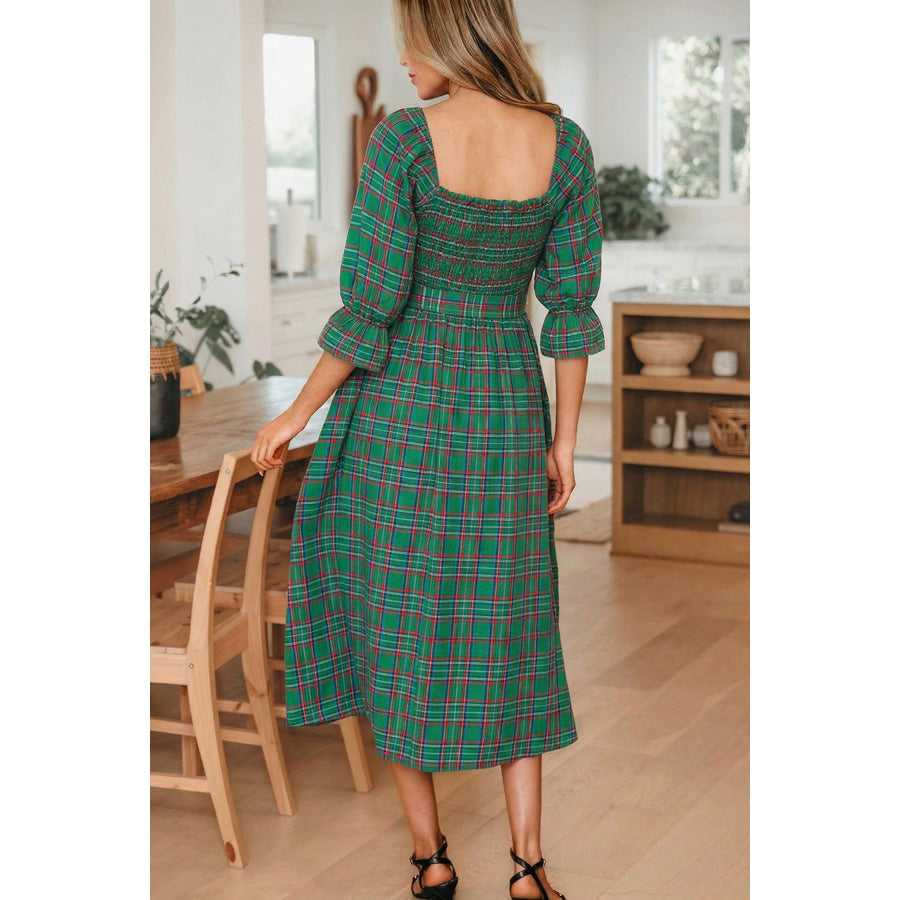 Green Tartan Plaid Square Neck Puff Sleeve Knot Waist Flared Midi Dress Dresses/Midi Dresses