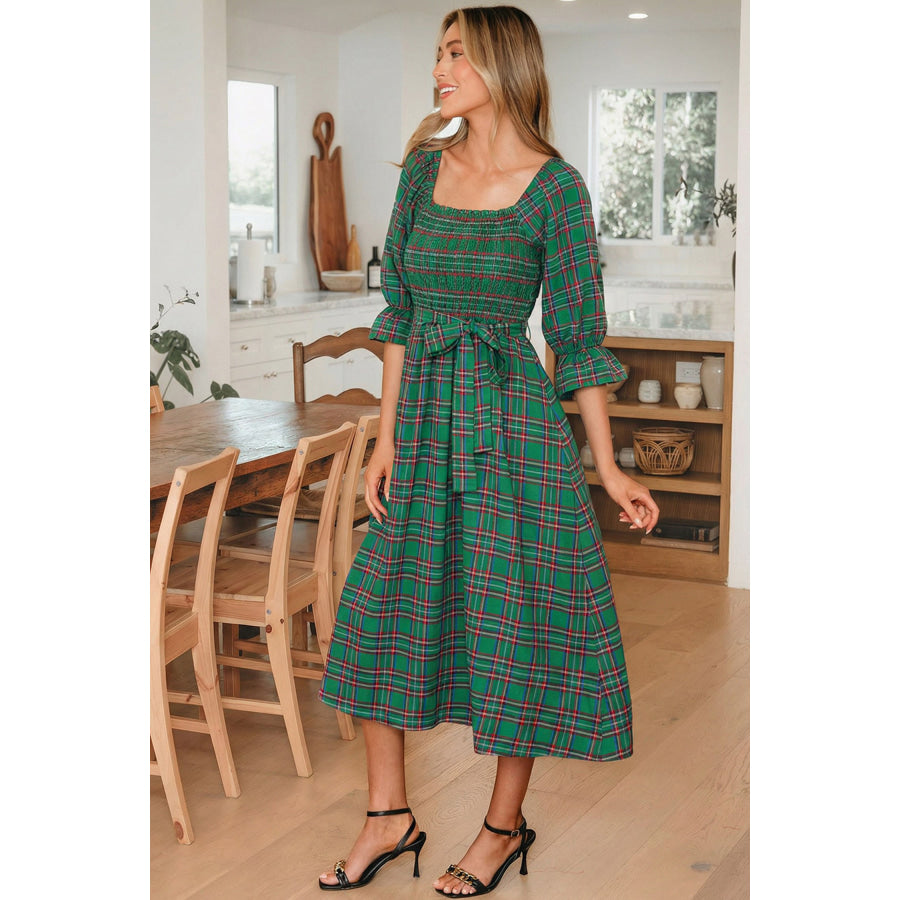 Green Tartan Plaid Square Neck Puff Sleeve Knot Waist Flared Midi Dress Dresses/Midi Dresses