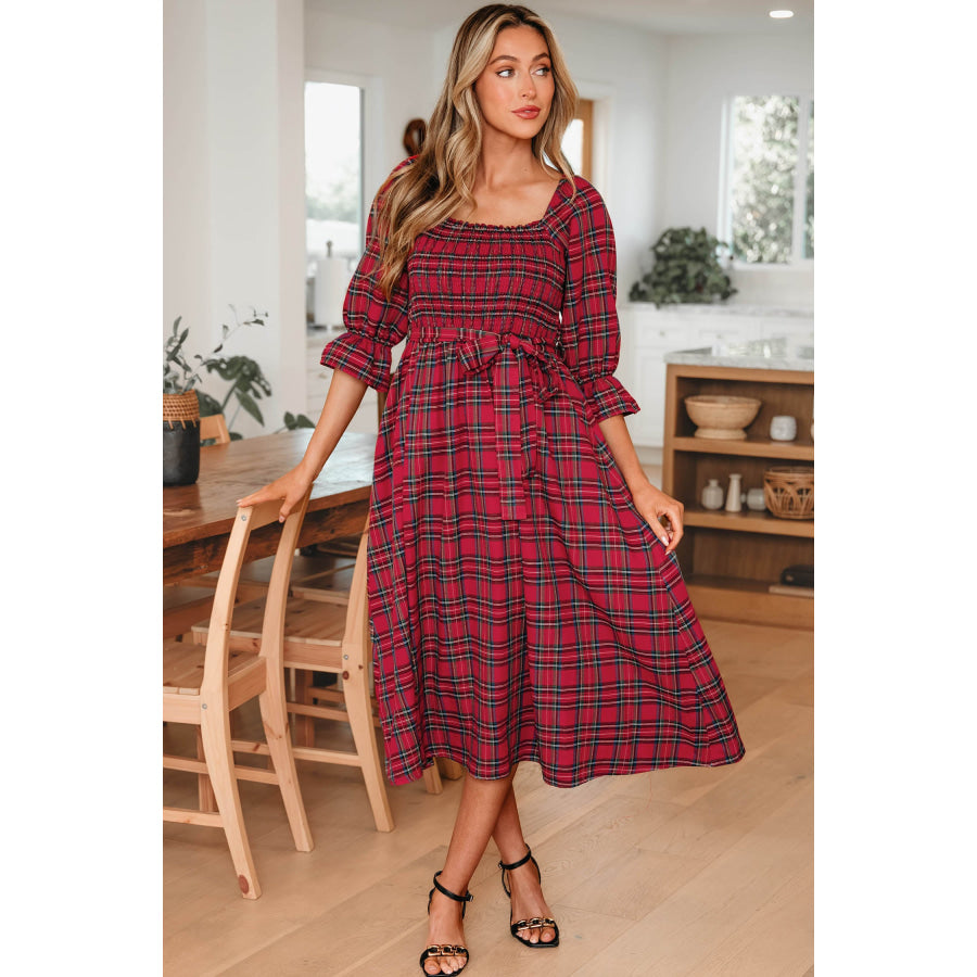 Green Tartan Plaid Square Neck Puff Sleeve Knot Waist Flared Midi Dress Red / S / 75% Polyester + 25% Cotton Dresses/Midi Dresses