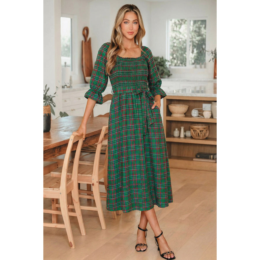 Green Tartan Plaid Square Neck Puff Sleeve Knot Waist Flared Midi Dress Green / S / 75% Polyester + 25% Cotton Dresses/Midi Dresses