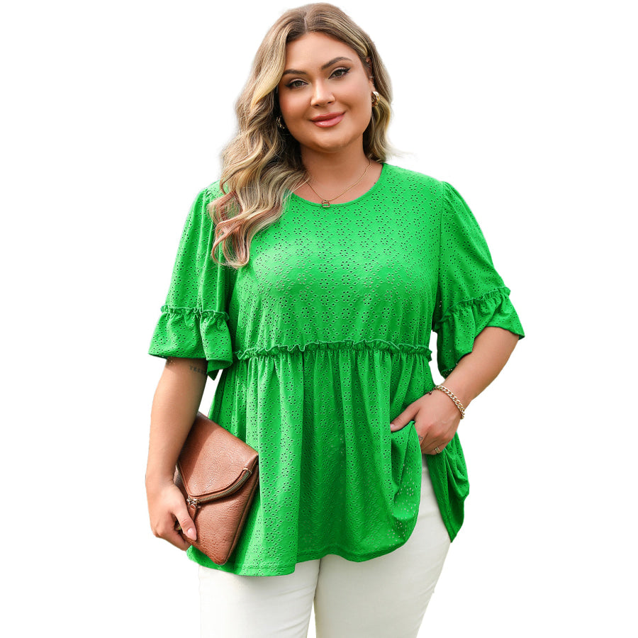 Green Textured Frilled Short Sleeve Plus Size Babydoll Blouse Plus Size/Plus Size Tops/Plus Size Blouses &amp; Shirts