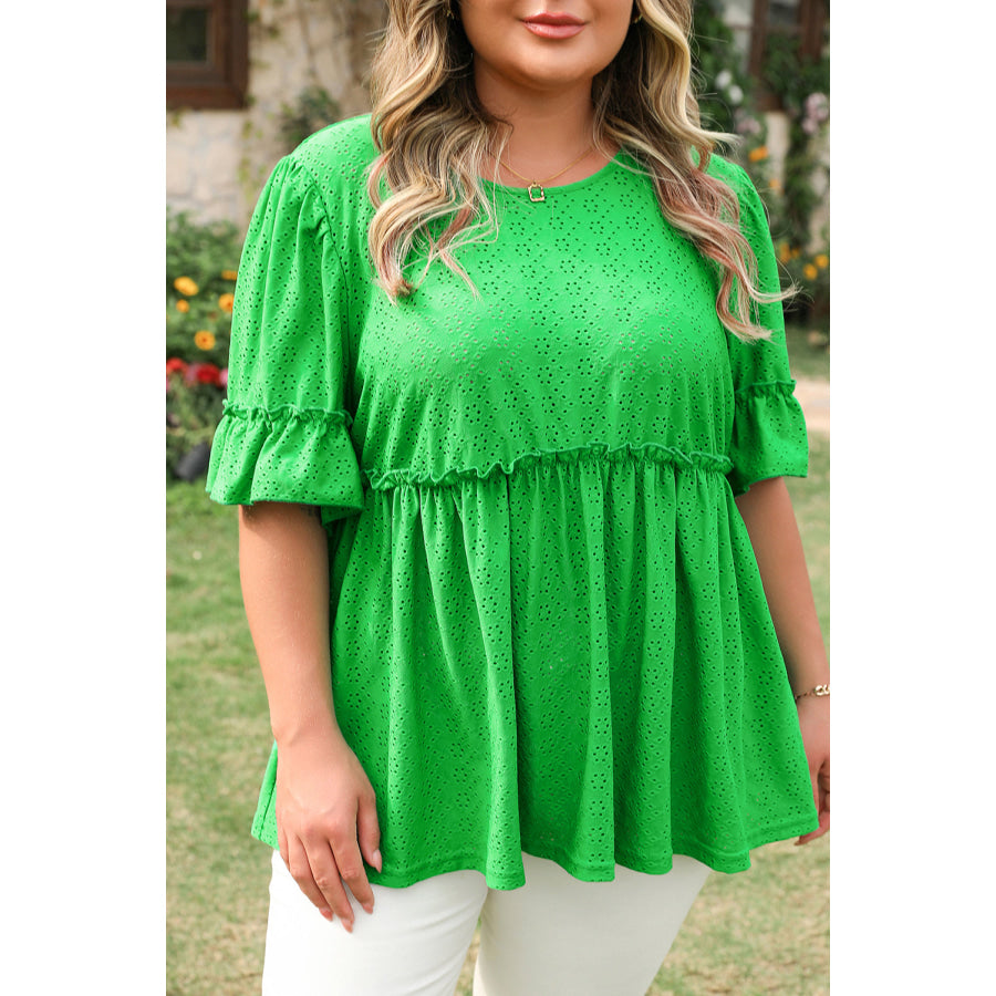Green Textured Frilled Short Sleeve Plus Size Babydoll Blouse Plus Size/Plus Size Tops/Plus Size Blouses &amp; Shirts