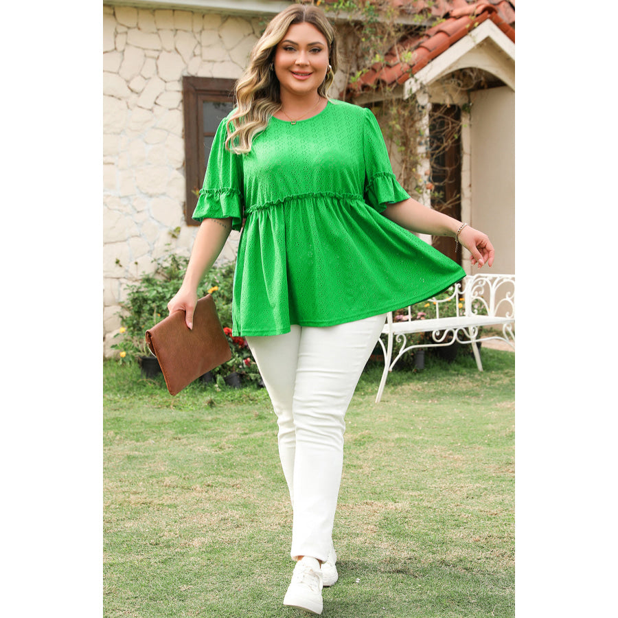 Green Textured Frilled Short Sleeve Plus Size Babydoll Blouse Plus Size/Plus Size Tops/Plus Size Blouses &amp; Shirts