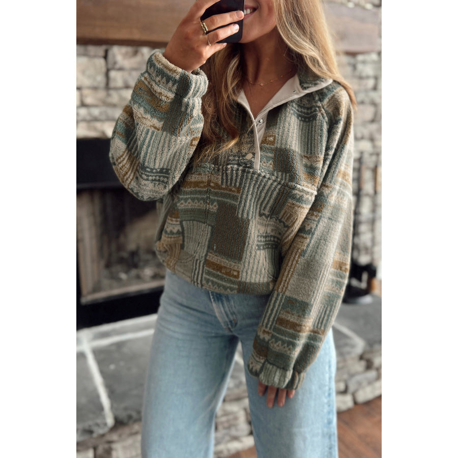 Green Western Print Fleece Pullover Long Sleeve Casual Fit Sweatshirt Green / S / Shell:100% Polyester + Lining:100% Polyester