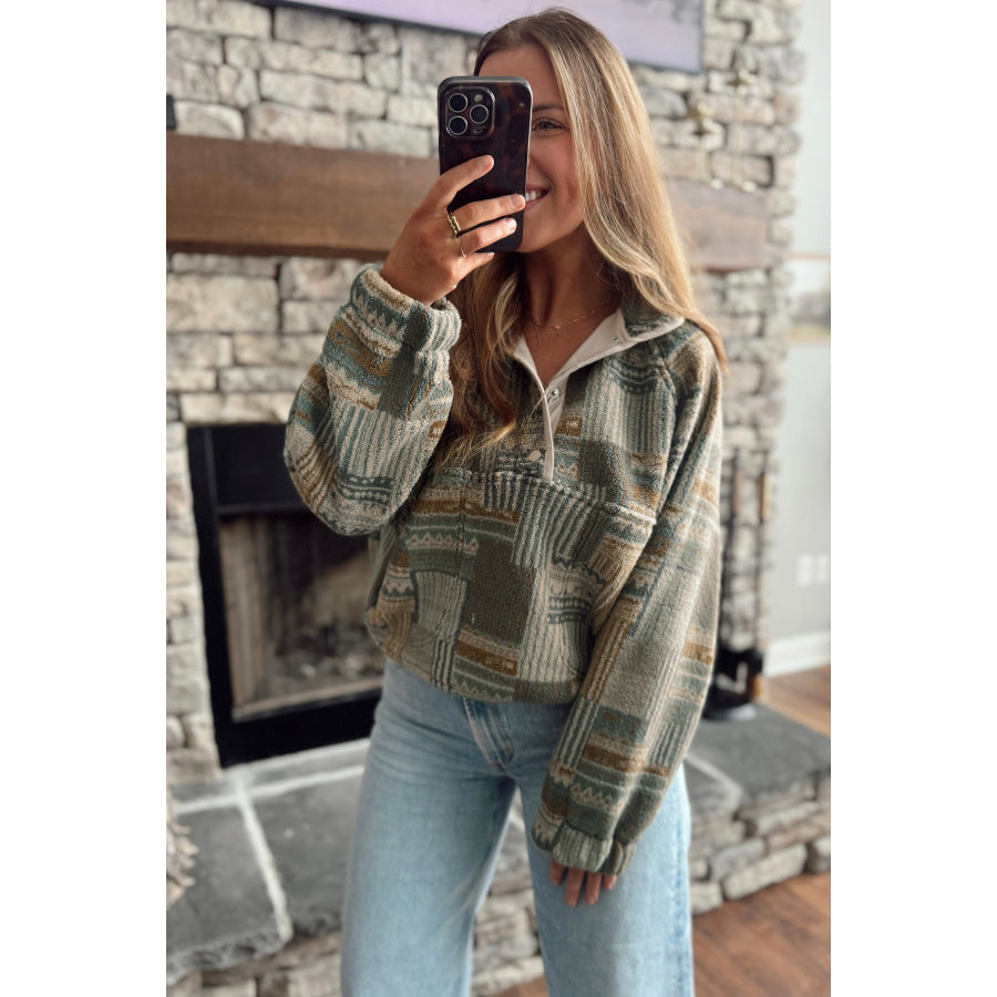 Green Western Print Fleece Pullover Long Sleeve Casual Fit Sweatshirt Tops/Sweatshirts & Hoodies