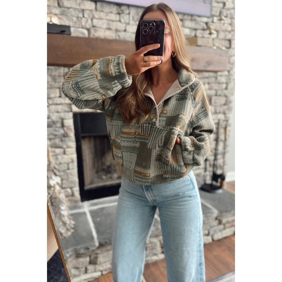 Green Western Print Fleece Pullover Long Sleeve Casual Fit Sweatshirt Tops/Sweatshirts & Hoodies