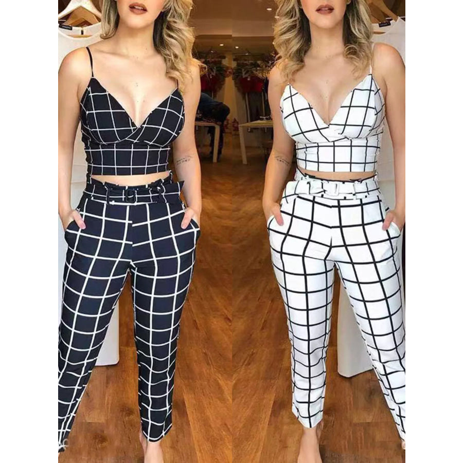 Grid Print Crop Top and Pants Set Apparel and Accessories