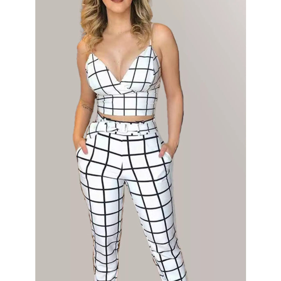 Grid Print Crop Top and Pants Set Apparel and Accessories
