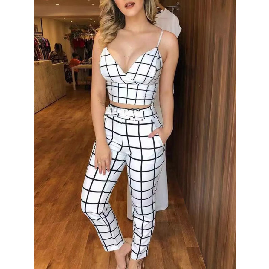 Grid Print Crop Top and Pants Set White / S Apparel and Accessories