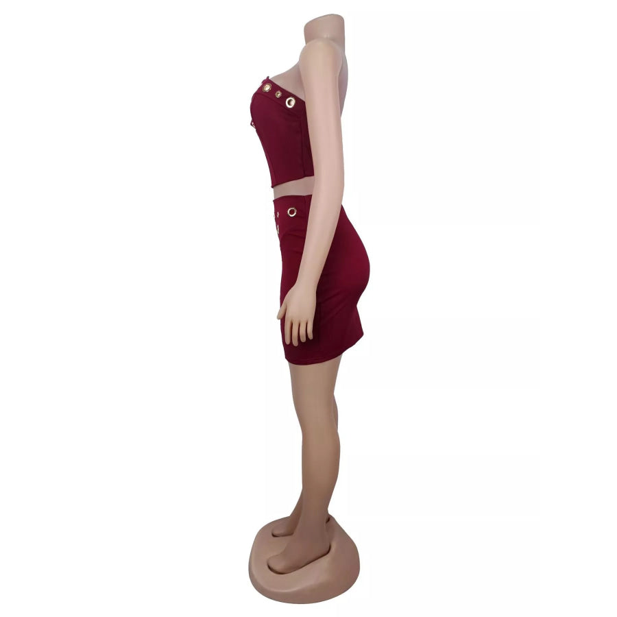 Grommet Crop Top and Mini Skirt Set Apparel Accessories