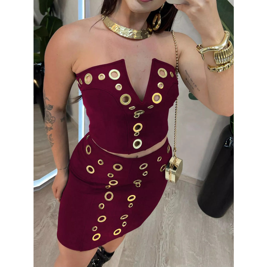 Grommet Crop Top and Mini Skirt Set Apparel Accessories