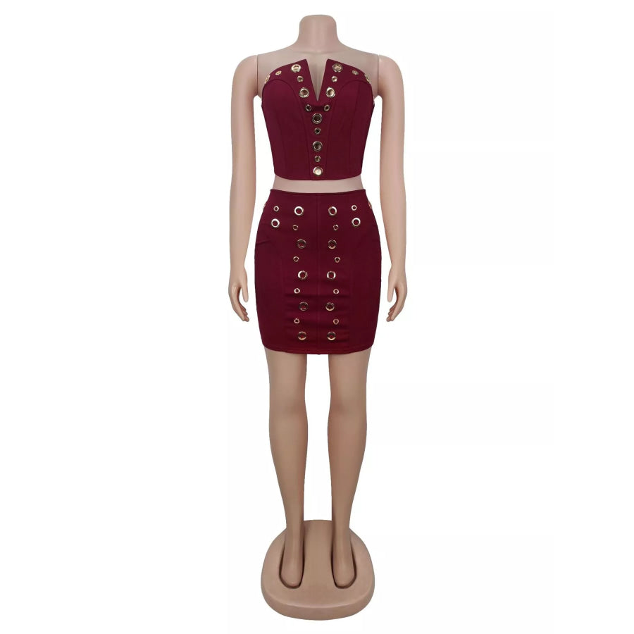 Grommet Crop Top and Mini Skirt Set Apparel Accessories