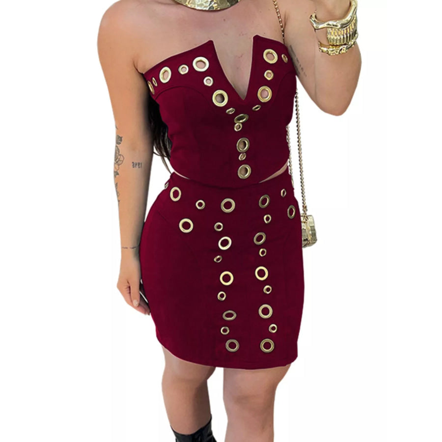 Grommet Crop Top and Mini Skirt Set Apparel Accessories