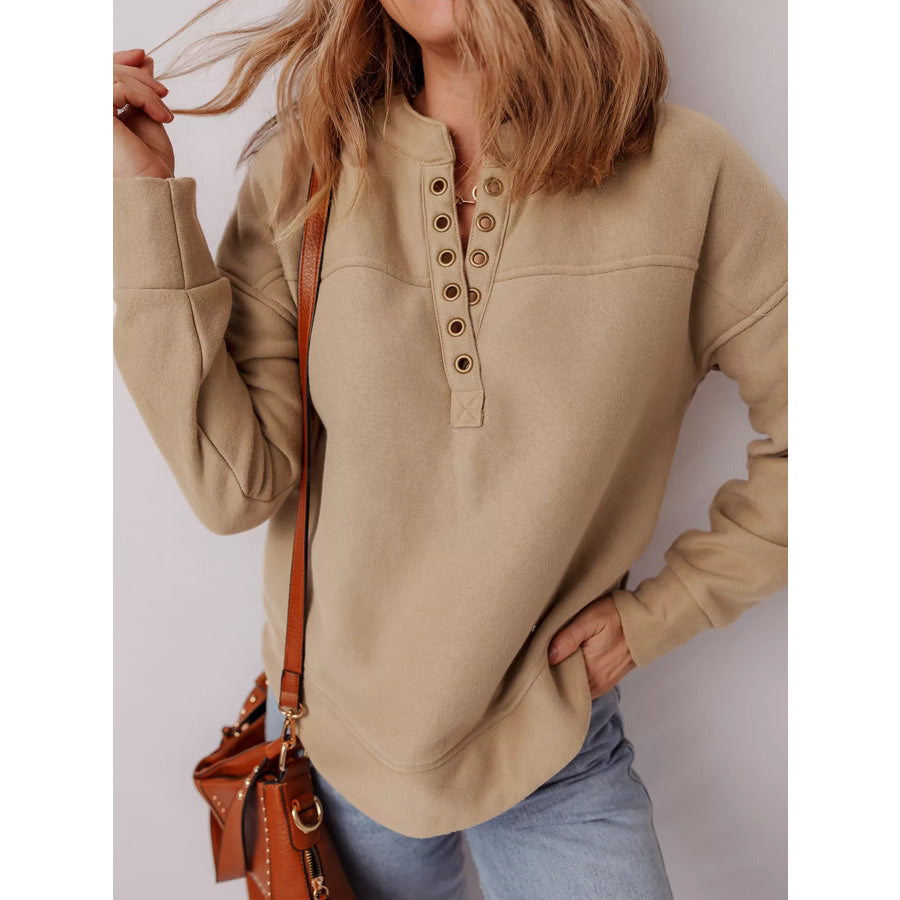 Grommet Detail V Neck Sweatshirt Tan / S Apparel and Accessories