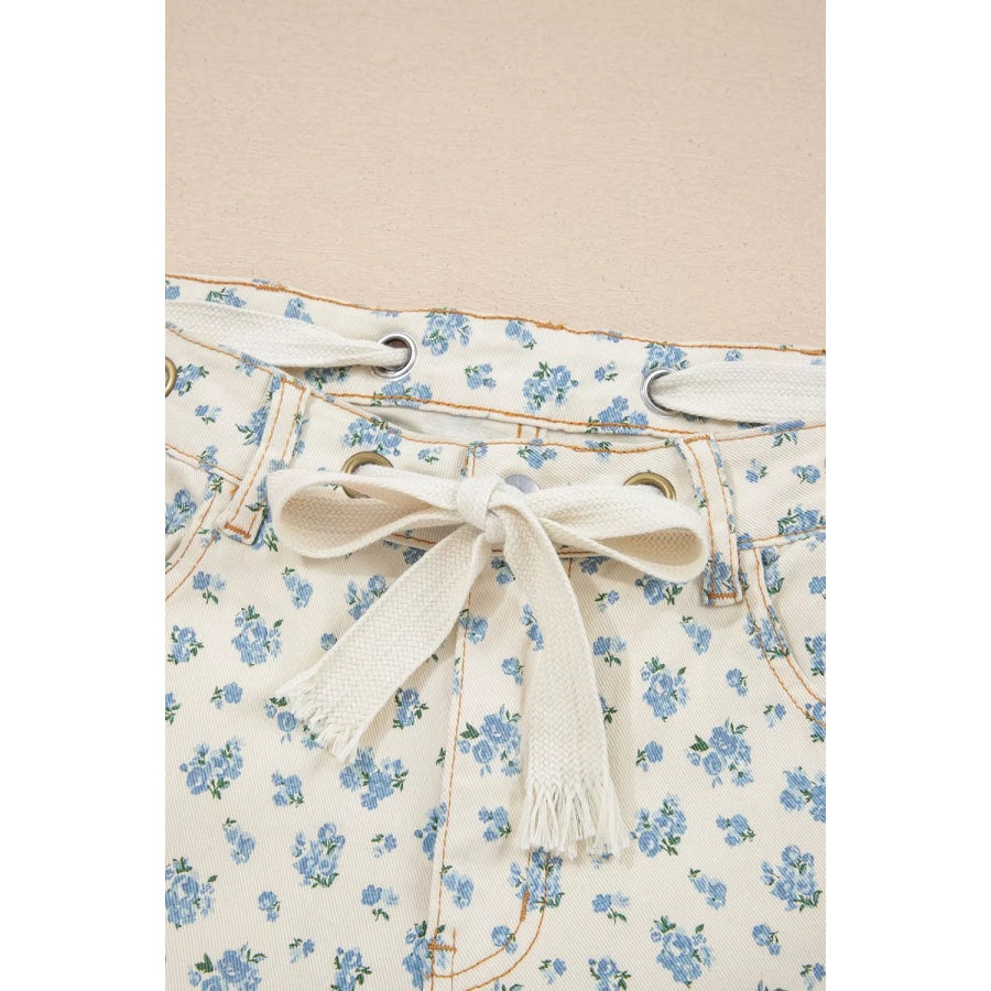 Grommet Knot Waist Floral Barrel Leg Jeans Apparel and Accessories