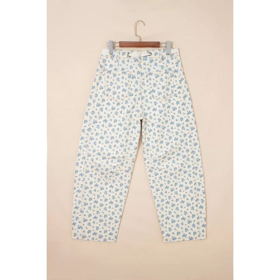 Grommet Knot Waist Floral Barrel Leg Jeans Apparel and Accessories