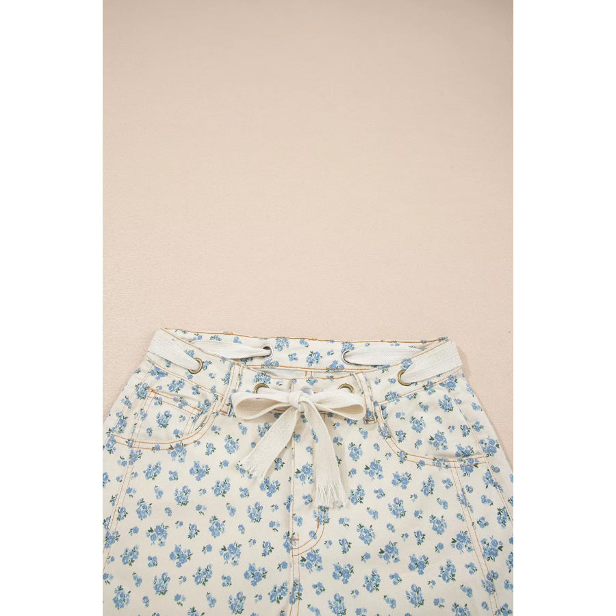 Grommet Knot Waist Floral Barrel Leg Jeans Apparel and Accessories