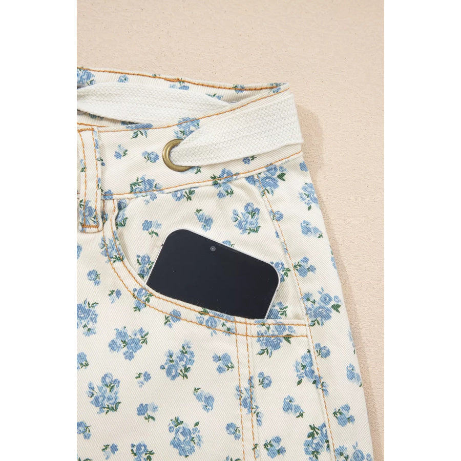 Grommet Knot Waist Floral Barrel Leg Jeans Apparel and Accessories