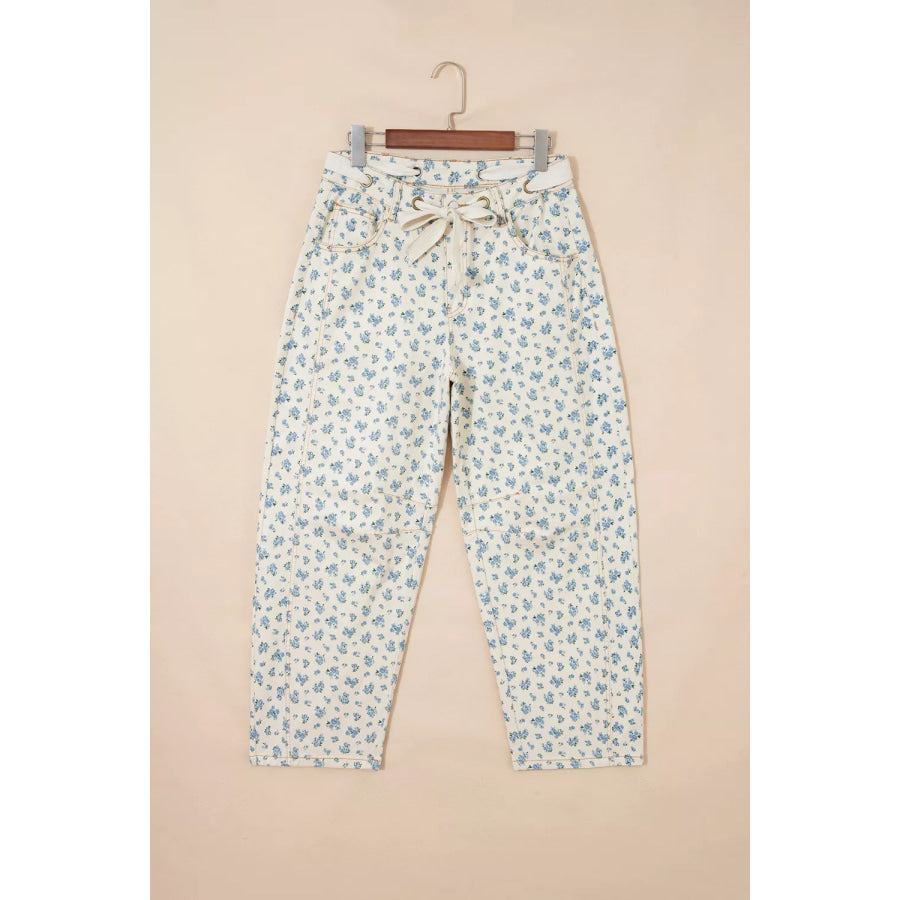 Grommet Knot Waist Floral Barrel Leg Jeans Apparel and Accessories