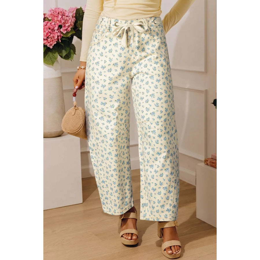 Grommet Knot Waist Floral Barrel Leg Jeans Beige / 4 Apparel and Accessories